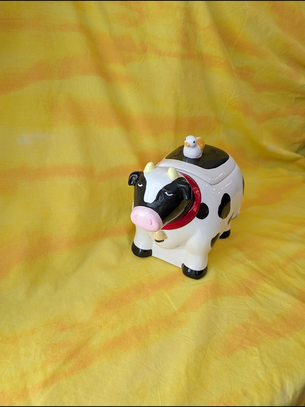 Vintage Ceramic Black & White Cow Cookie Jar with Tiny Bird